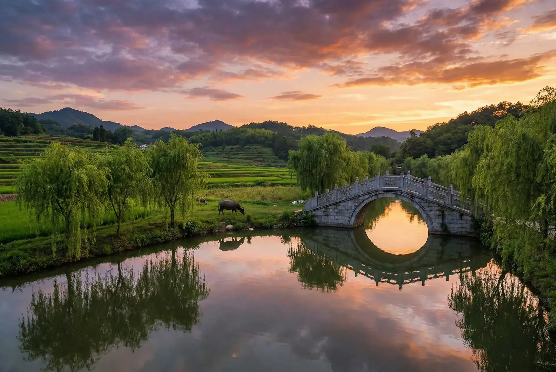 夕阳下的石拱桥与垂柳，水牛在河边吃草 - 新围棋少年在线观看 乡村美景